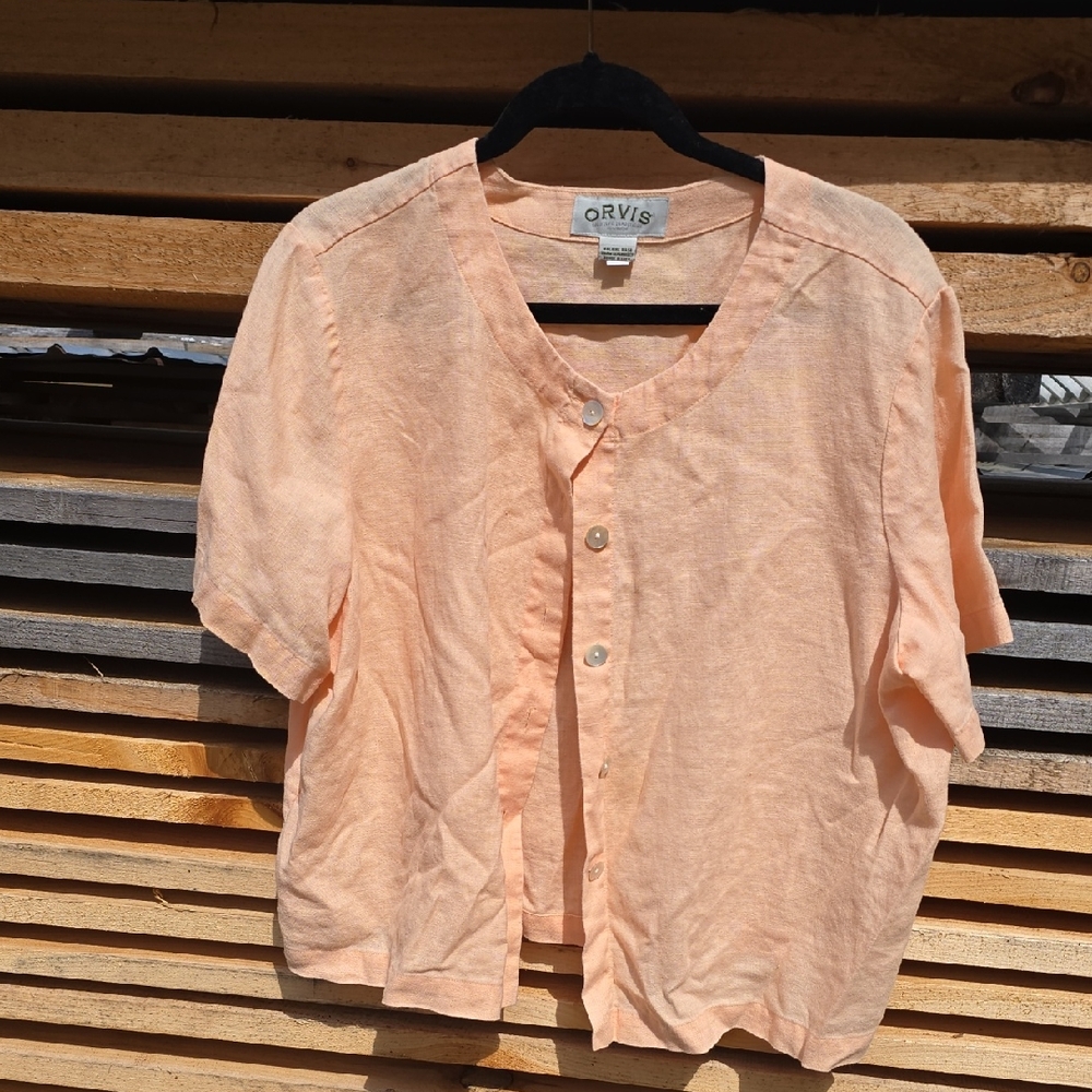 Orvis Boxy  Linen Short Sleeve Shirt Top Pale Peach Lagenlook Plus XL